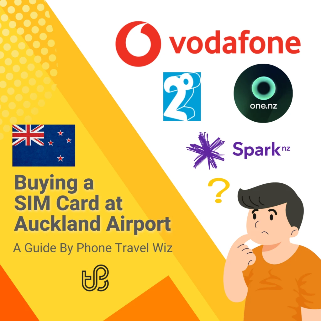 Buying a SIM Card at Auckland Airport in New Zealand Guide (logos of Spark, One NZ, Vodafone & 2degrees)