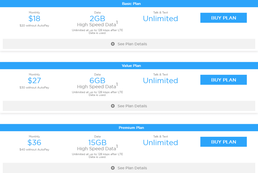 H2O Wireless United States Monthly Plans