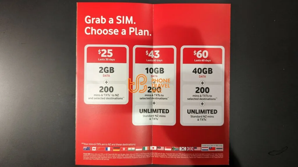 One-Vodafone New Zealand Travel SIM Plans Shown in a Booklet (GST-free pricing)