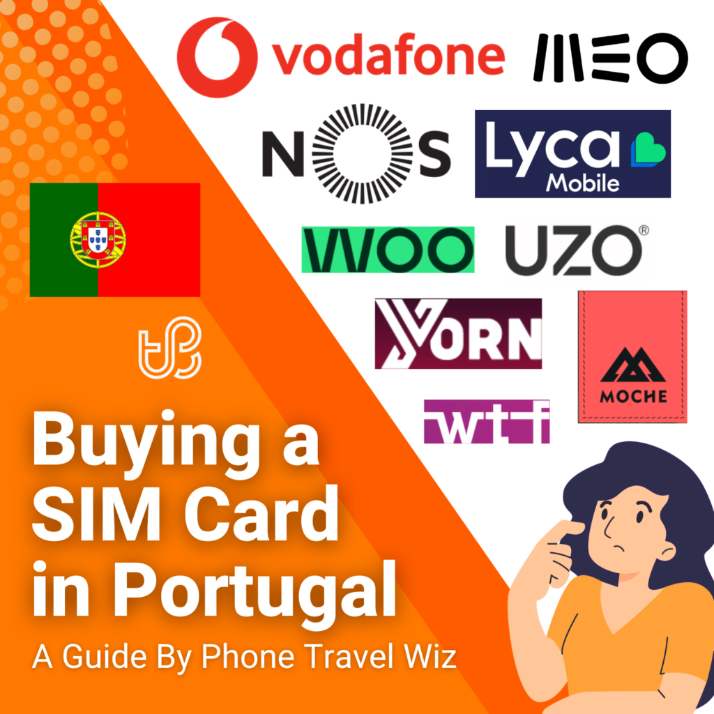 Buying a SIM Card in Portugal Guide (logos of MEO, NOS, Vodafone, Lycamobile, WOO, Uzo, Yorn, Moche & WTF)