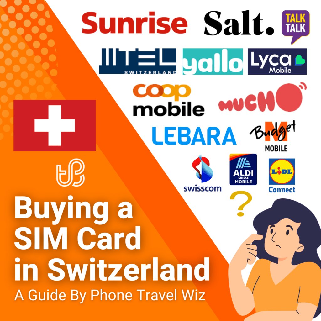 Buying a SIM Card in Switzerland Guide (logos of Swisscom, Sunrise, Salt Mobile, MTEL, Yallo, Lycamobile, Coop Mobile, Mucho, Lebara, M Budget Mobile, Aldi Mobile, Talk Talk & Lidl Connect)