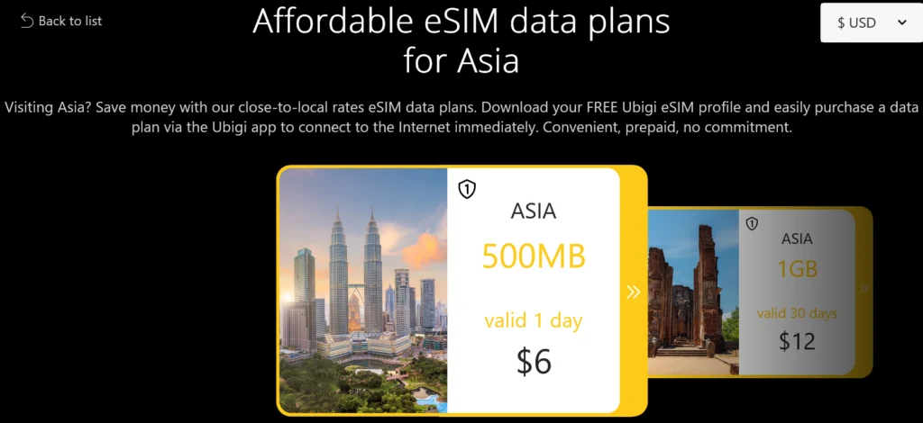 Ubigi eSIM Best Asia Plan (12 Countries) Prices