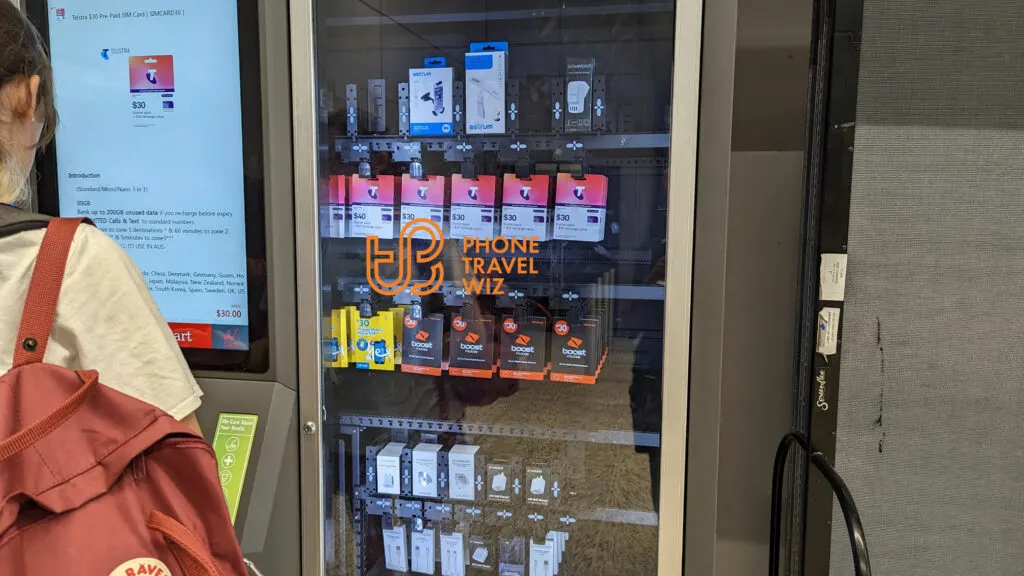 A Vending Machine Selling Telstra, Optus & Boost Mobile Australia SIM Cards at Melbourne-Tullamarine Airport