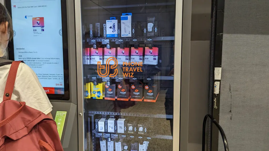 A Vending Machine Selling Telstra, Optus & Boost Mobile Australia SIM Cards at Melbourne-Tullamarine Airport