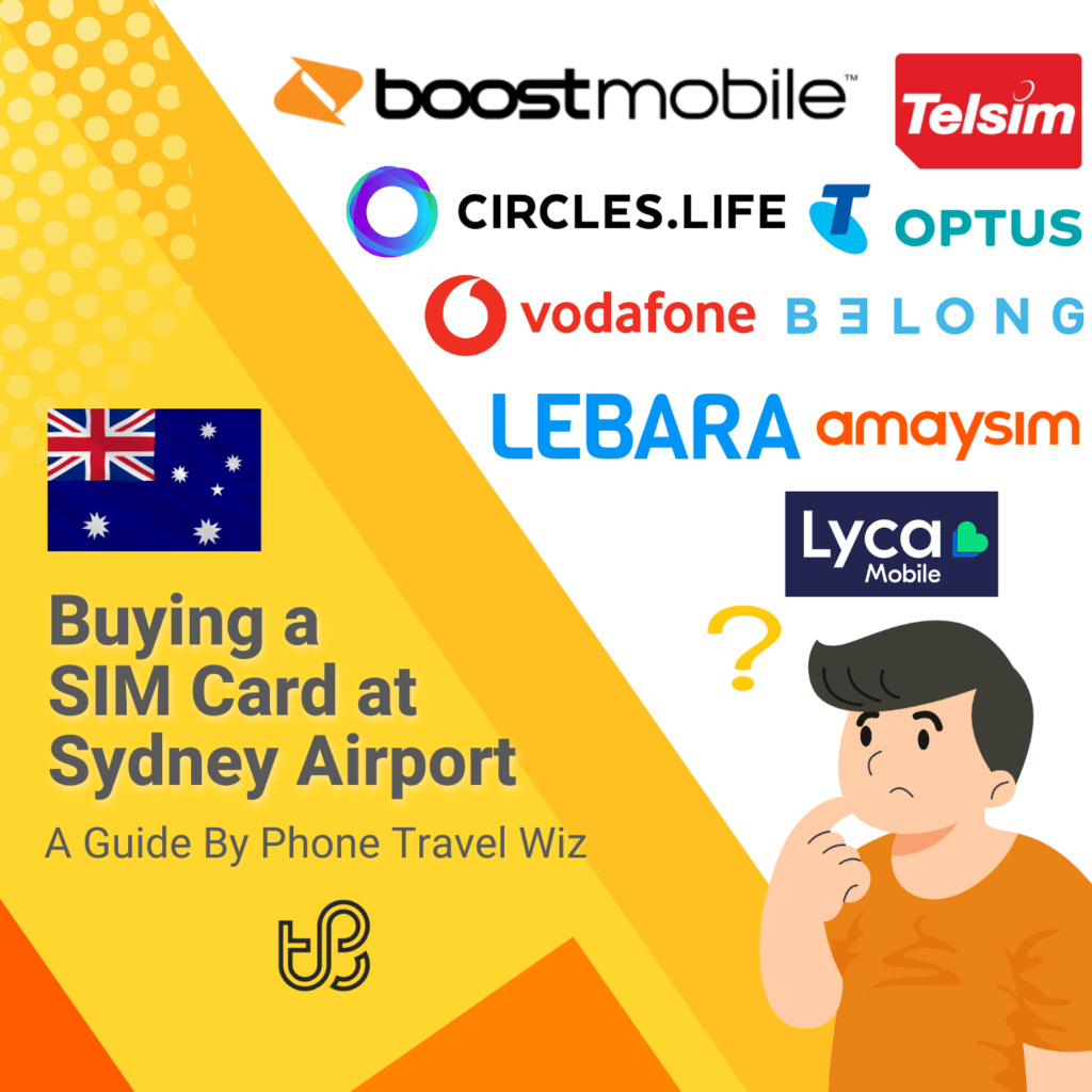 Buying a SIM Card at Sydney Kingsford Smith Airport Guide (logos of Telstra, Optus, Vodafone, Amaysim, Belong, Boost Mobile, Circles.Life, Lebara, Lycamobile & Telsim)