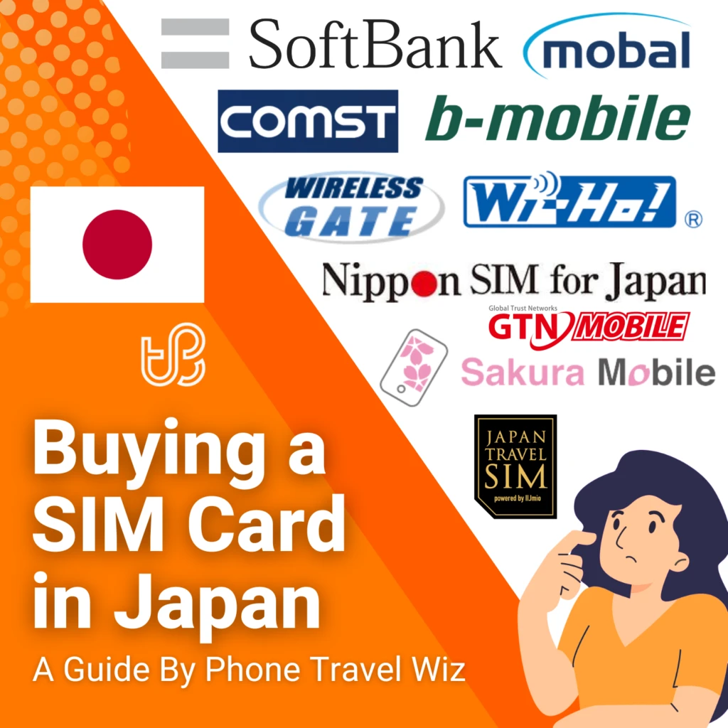 Buying a SIM Card in Japan Guide (logos of SoftBank, Mobal, COMST, B-Mobile, Wireless Gate, Wi-Ho!, Nippon SIM for Japan, GTN Mobile, Sakura Mobile & IIJmoi Japan Travel SIM)