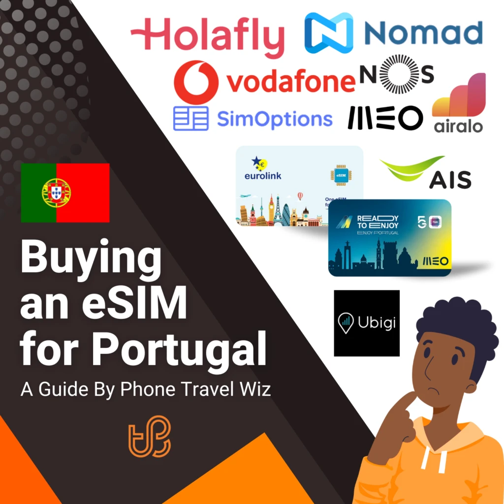 Buying an eSIM for Portugal Guide (logos of Holafly, Nomad, Vodafone, NOS, SimOptions, MEO, Airalo, Eurolink, AIS, Ready to Enjoy Portugal & Ubigi)