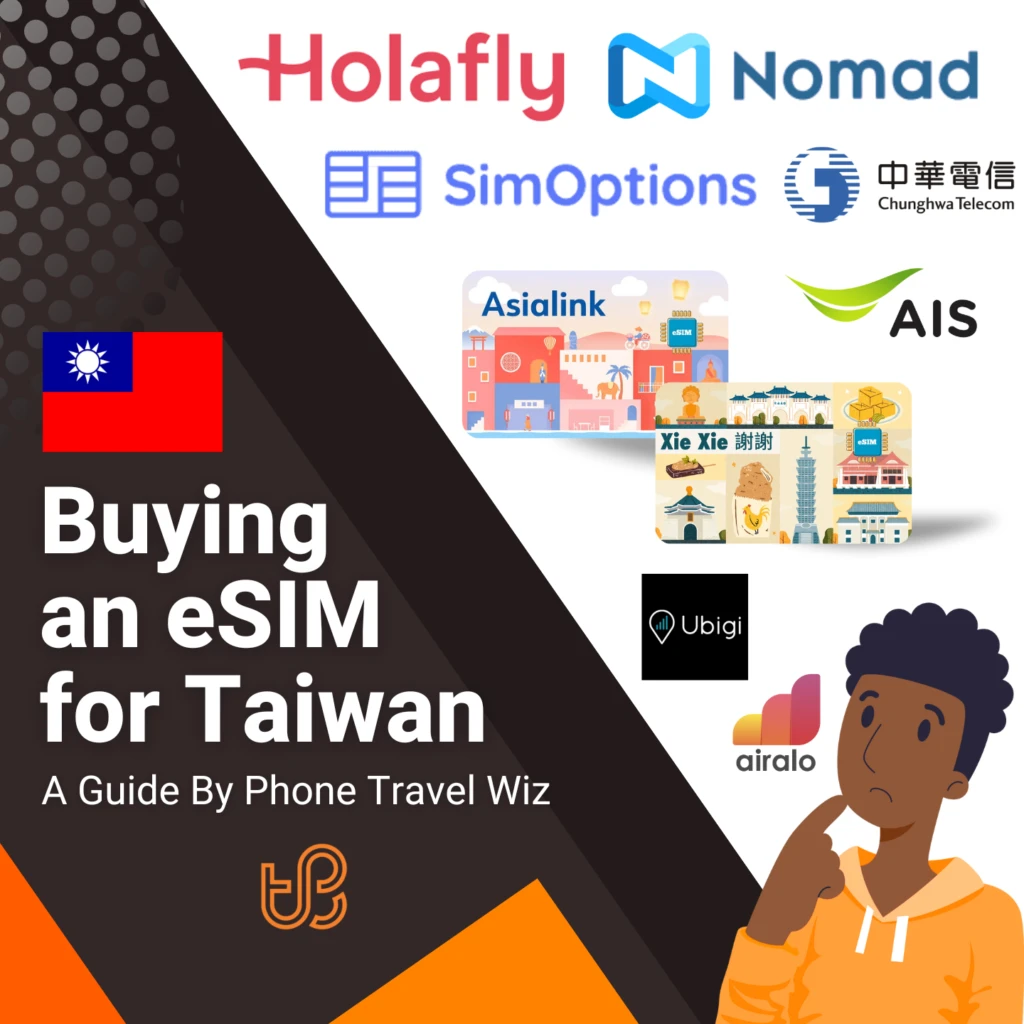 Buying an eSIM for Taiwan Guide (logos of Holafly, Nomad, SimOptions, Chunghwa Telecom, Asialink, AIS, Xie Xie, Ubigi & Airalo)