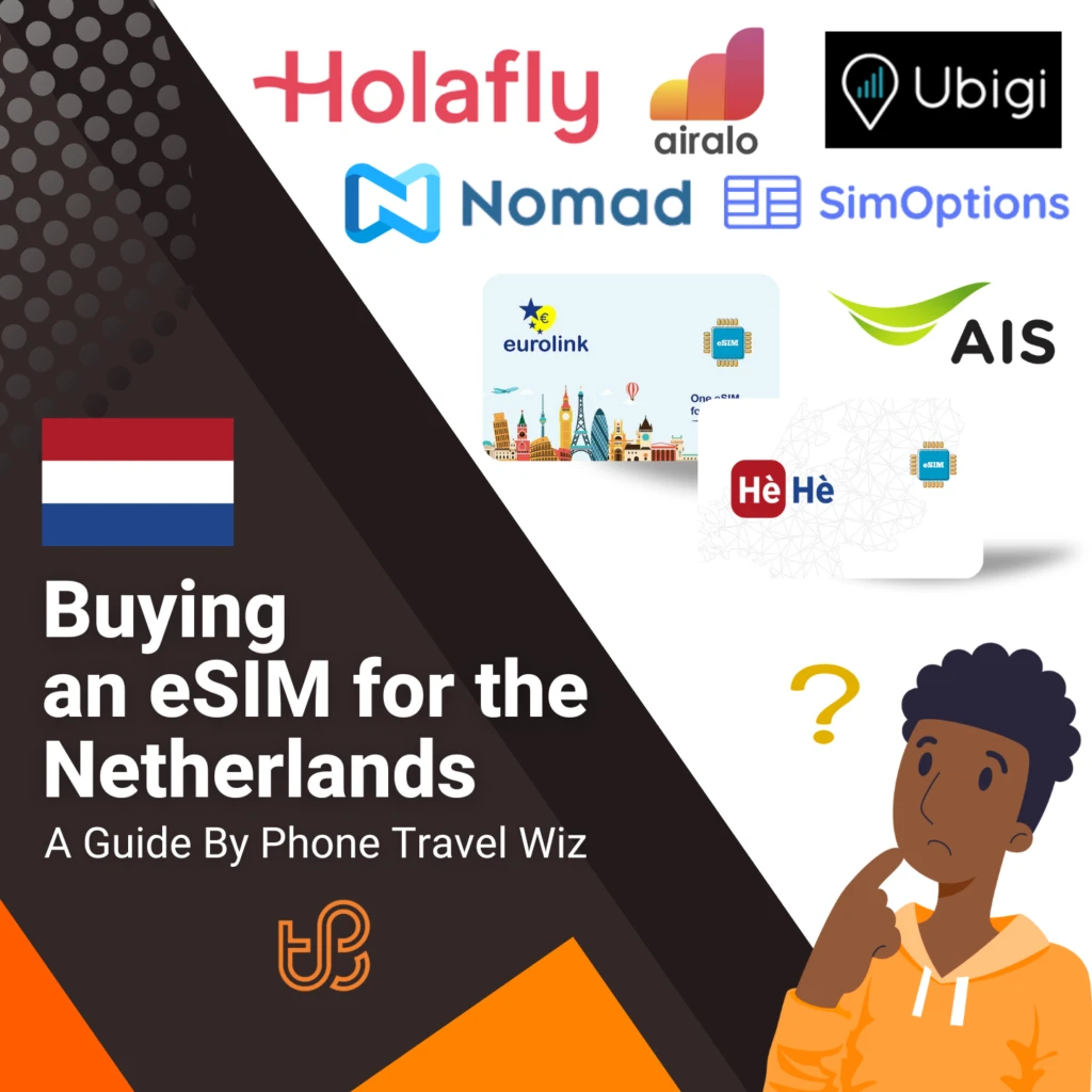 Buying an eSIM for the Netherlands Guide (logos of Holafly, Airalo, Ubigi, Nomad, SimOptions, Eurolink, AIS & Hè Hè)