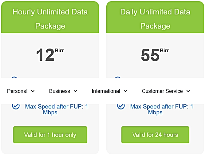 Ethio Telecom Ethiopia Hourly and Daily Unlimited Package