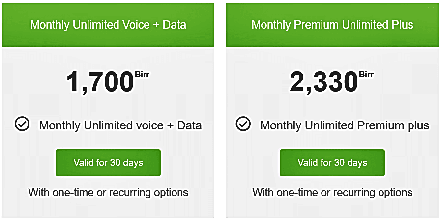 Ethio Telecom Ethiopia Premium Unlimited Mobile Packages