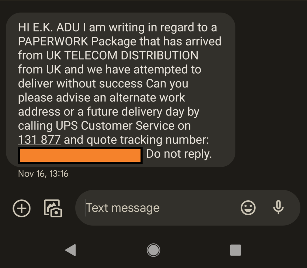 Holidaysimcard Failed Delivery Text Message from UPS