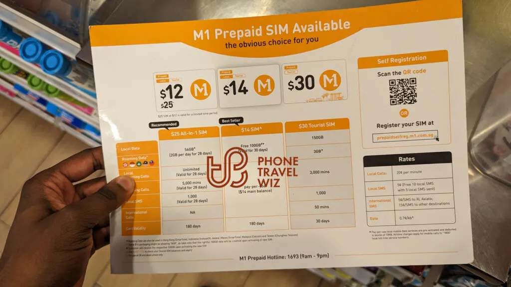 M1 Singapore Tourist SIM Cards Prices, Perks & Benefits on a Leaflet from Cheers at Singapore Changi Airport