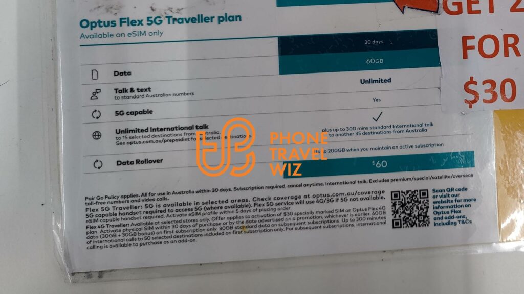 Optus Australia Flex 5G Traveler Plan Sold at Brisbane Airport in the International Terminal