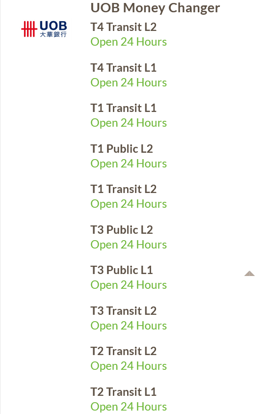 UOB Money Changer Counters at Singapore Changi International Airport Opening Hours