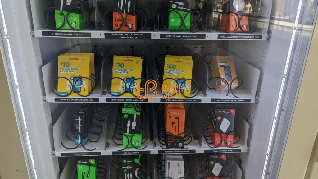 Vending Machine at Brisbane Airport Selling Optus SIM Cards in the Domestic Terminal Close Up