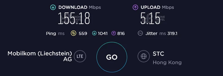 Airalo Global in Hong Kong Speed Test at Kennedy Town Station (155.18 Mbps)