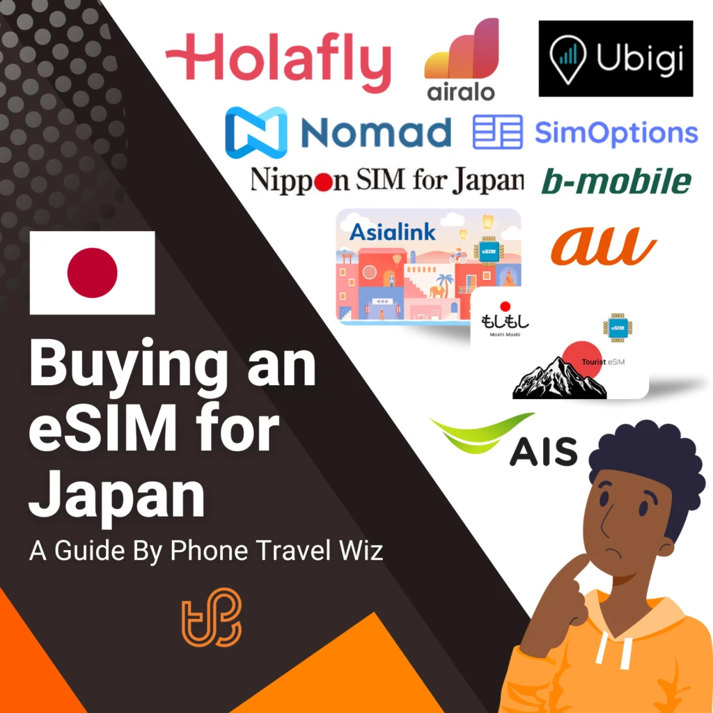 Buying an eSIM for Japan Guide (logos of Holafly, Airalo, Ubigi, Nomad, SimOptions, Nippon SIM for Japan, b-mobile, Asialink, AU, Moshi Moshi & AIS)