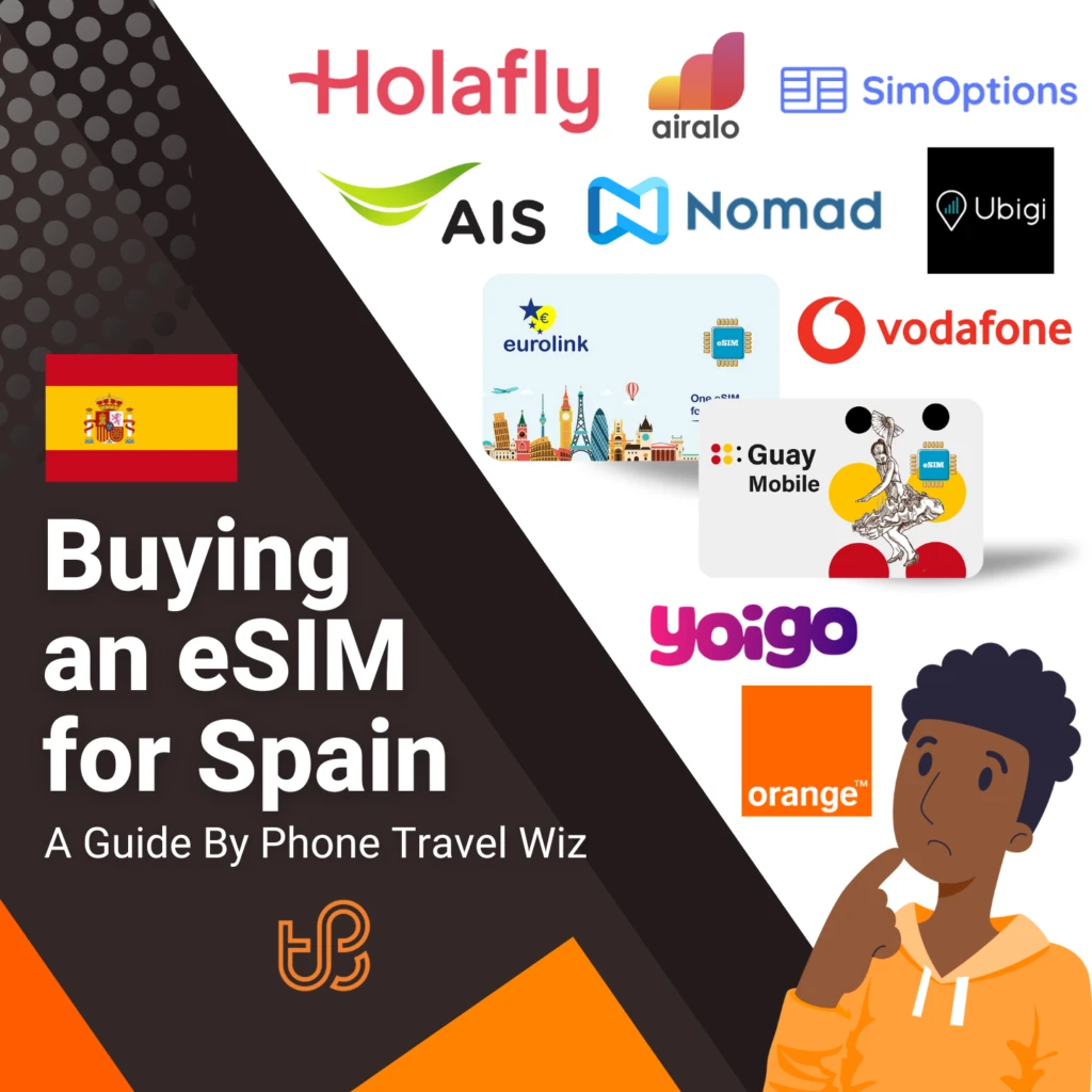 Buying an eSIM for Spain Guide (logos of Holafly, Airalo, SimOptions, AIS, Nomad, Ubigi, Eurolink, Vodafone, Guay Mobile, Yoigo & Orange)