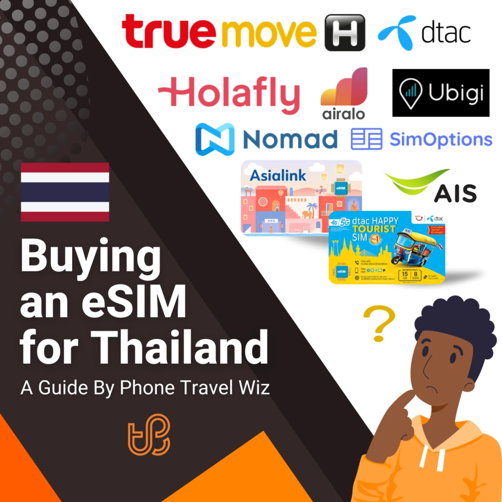 Buying an eSIM for Thailand Guide (logos of Truemove, Dtac, Holafly, Airalo, Ubigi, Nomad, SimOptions, Asialink, AIS & Dtac Happy Tourist SIM)