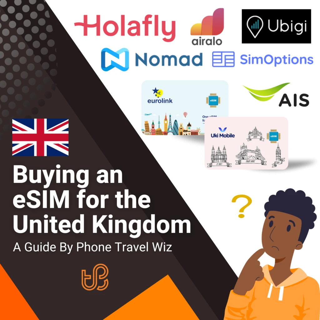 Buying an eSIM for the United Kingdom Guide (logos of Holafly, Airalo, Ubigi, Nomad, SimOptions, Eurolink, AIS & Uki Mobile)