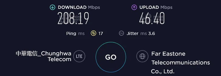 Chunghwa Telecom Taiwan Speed Test at Hilife Chuanyi Road Luodong in Yilan County (208.19 Mbps)