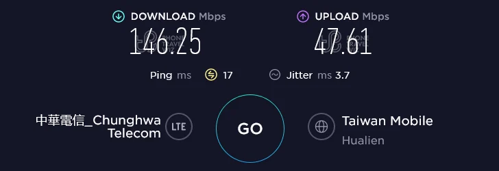 Chunghwa Telecom Taiwan Speed Test at Pine Garden in Hualien County (47.61 Mbps)
