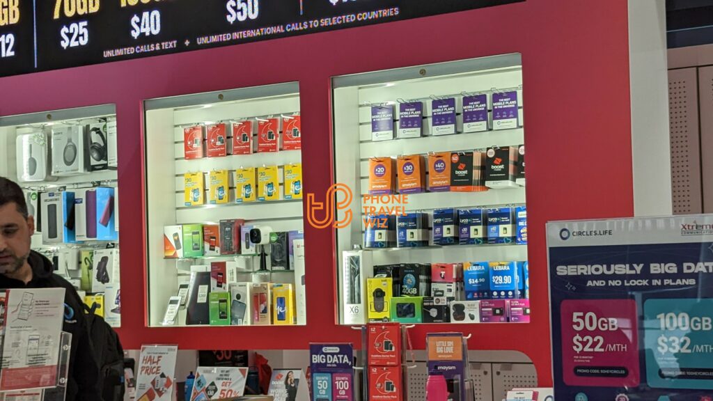 Circles.life Booth at Sydney Kingsford Smith Airport Selling Various Australian Prepaid SIM Cards (Telstra, Optus, Vodafone, Amaysim, Belong Mobile, Boost Mobile, Circles.life, Lebara & Lycamobile)
