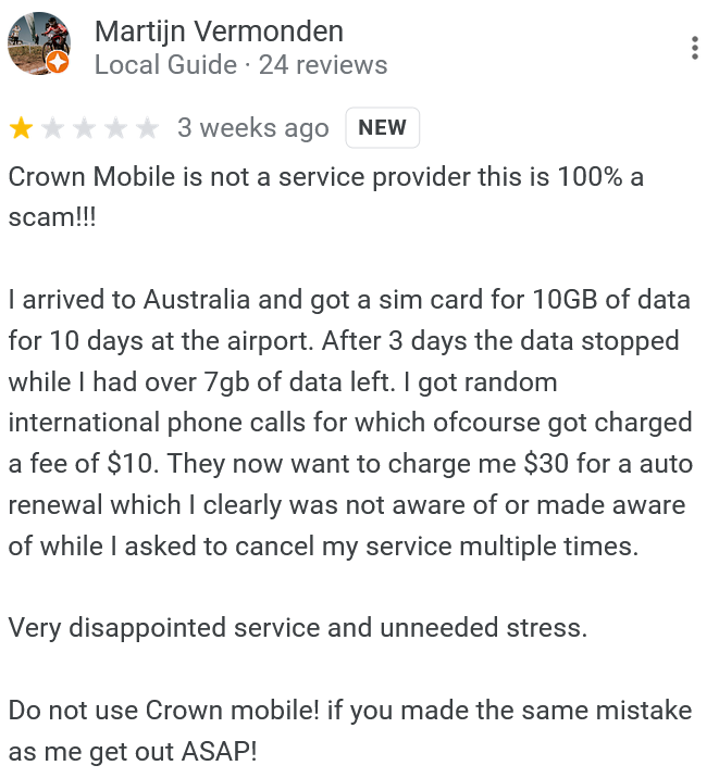Crown Mobile Australia sold at Sydney Kingsford Smith Airport Negative Review (Out of Data)