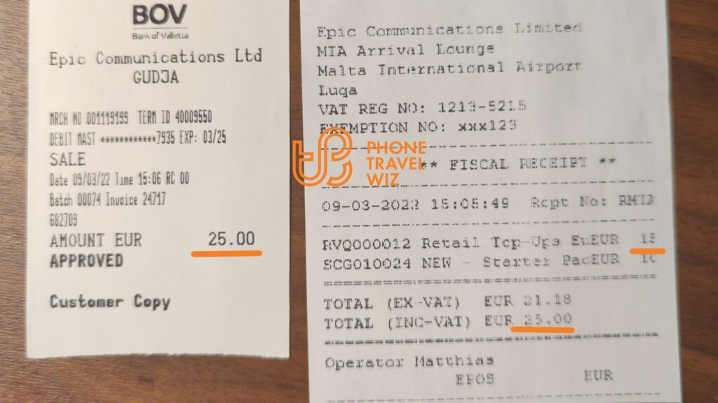 Epic Malta Receipt from a Purchase at Malta International Airport
