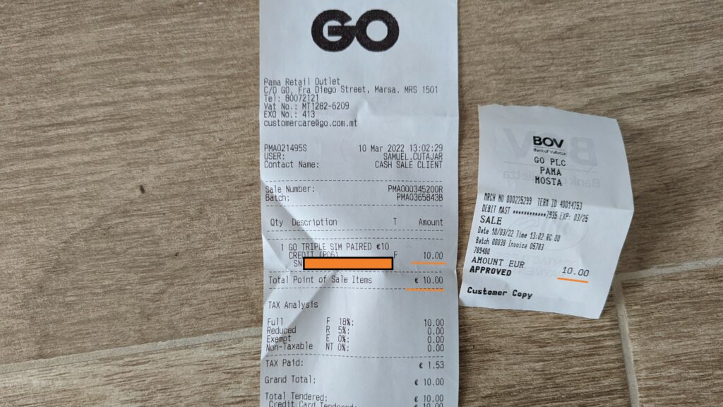 Go Mobile Malta Receipt for a SIM Card Purchase in Marsa