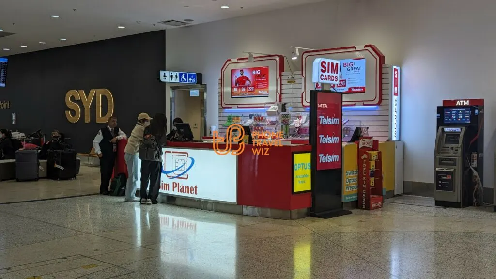 Sim Planet Booth Selling Various Australian SIM Cards at Sydney Kingsford Smith Airport (Optus, Vodafone, Crown Mobile, Lebara & Telsim)