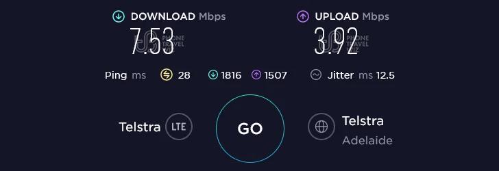 Telstra Speed Test at Adelaide Airport in Adelaide (7.53 Mbps)