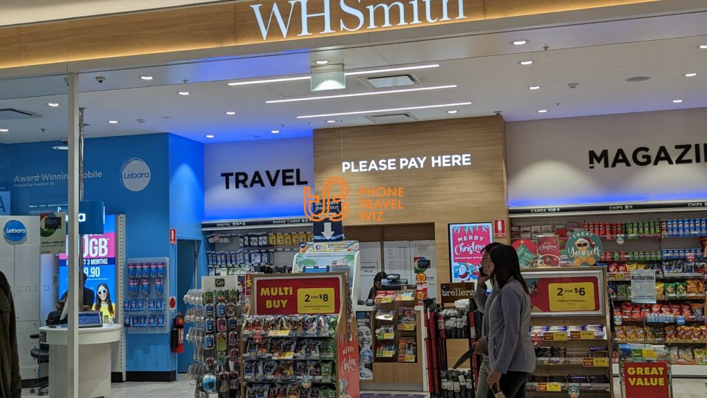 WHSmith Store at Sydney Kingsford Smith Airport Selling Various Australian Prepaid SIM Cards (Telstra, Optus, Vodafone, Boost Mobile & Lebara)
