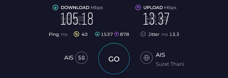 AIS Thailand Speed Test at Koh Samui Moo 4 District (13.37 Mbps)