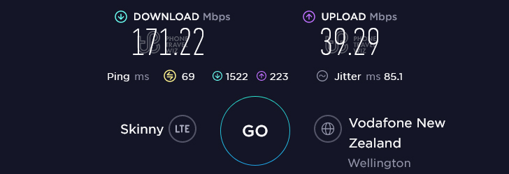 Skinny Mobile Speed Test at Epuni Station in Hutt City (171.22 Mbps)