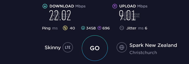 Skinny Mobile Speed Test at Lower Hutt Accommodation in Hutt City (9.01 Mbps)