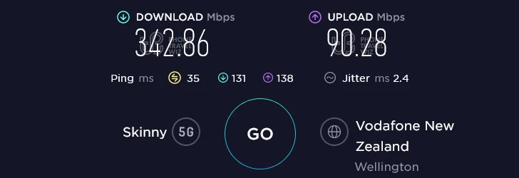 Skinny Mobile Speed Test at Te Aro Puro Chile in Wellington (342.86 Mbps)