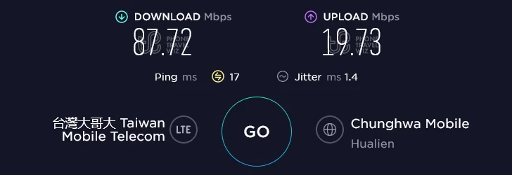 Taiwan Mobile Speed Test at Airbnb Fuqiang Road in Hualien County (87.72 Mbps)