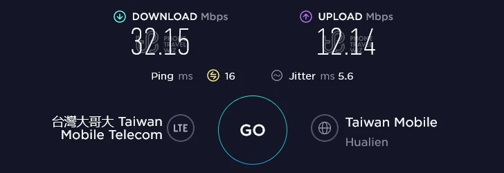 Taiwan Mobile Speed Test at Qixingtan Seaside Park in Hualien County (12.14 Mbps)