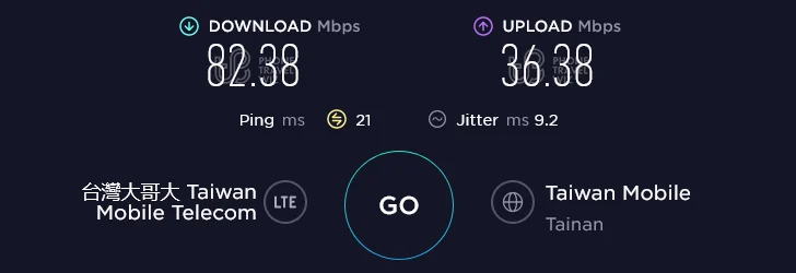 Taiwan Mobile Speed Test at Tainan TRA Station in Tainan City (36.38 Mbps)