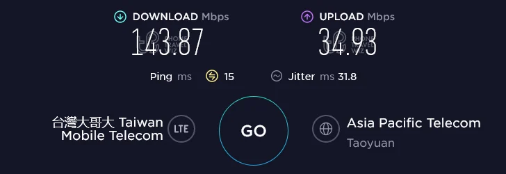 Taiwan Mobile Speed Test at Taiwan Taoyuan International Airport Terminal 1 MRT Platform in Taoyuan City (143.87 Mbps)
