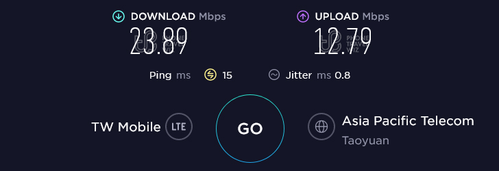 Taiwan Mobile Speed Test at Yangming Sports Park in Taoyuan City (23.89 Mbps)