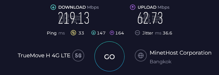 TrueMove H Thailand Speed Test at Bangkok Phra Borom Maha Ratchawang Royal Residence (219.13 Mbps)