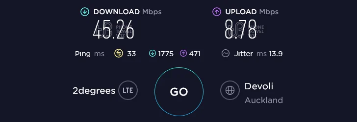 Warehouse Mobile NZ Speed Test at Auckland Airport International Terminal in Auckland (45.26 Mbps)