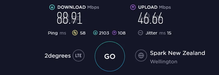 Warehouse Mobile NZ Speed Test at Hutt Central Hutt Recreation Ground in Hutt City (46.66 Mbps)