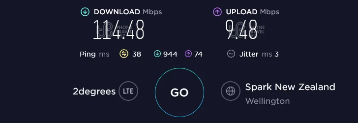 Warehouse Mobile NZ Speed Test at Kilbirnie One Sushi in Wellington (9.48 Mbps)