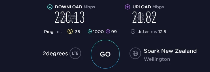 Warehouse Mobile NZ Speed Test at Mount Cook Central Park in Wellington (220.13 Mbps)