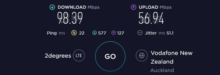 Warehouse Mobile NZ Speed Test at Orakei Station in Auckland (56.94 Mbps)