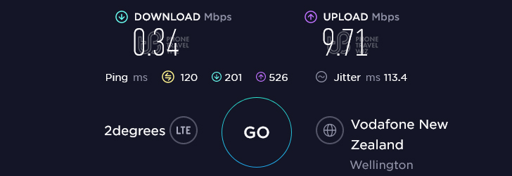 Warehouse Mobile NZ Speed Test at Taita Station in Hutt City (0.34 Mbps)